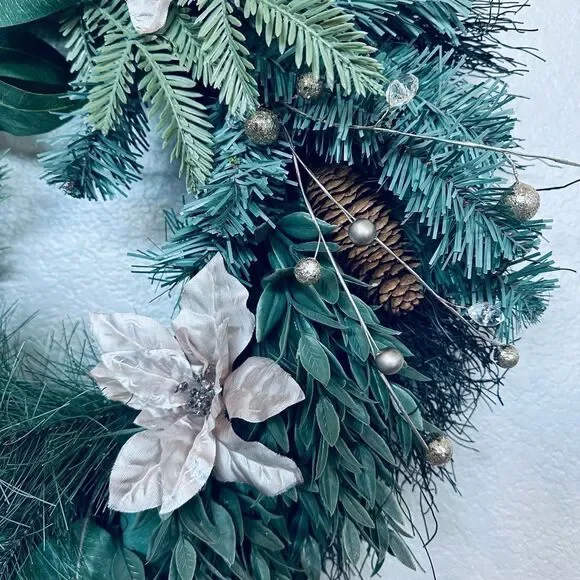 Christmas Greenery Champagne Poinsettia Beaded Berry Stems Holiday Wreath - Picture 2 of 7